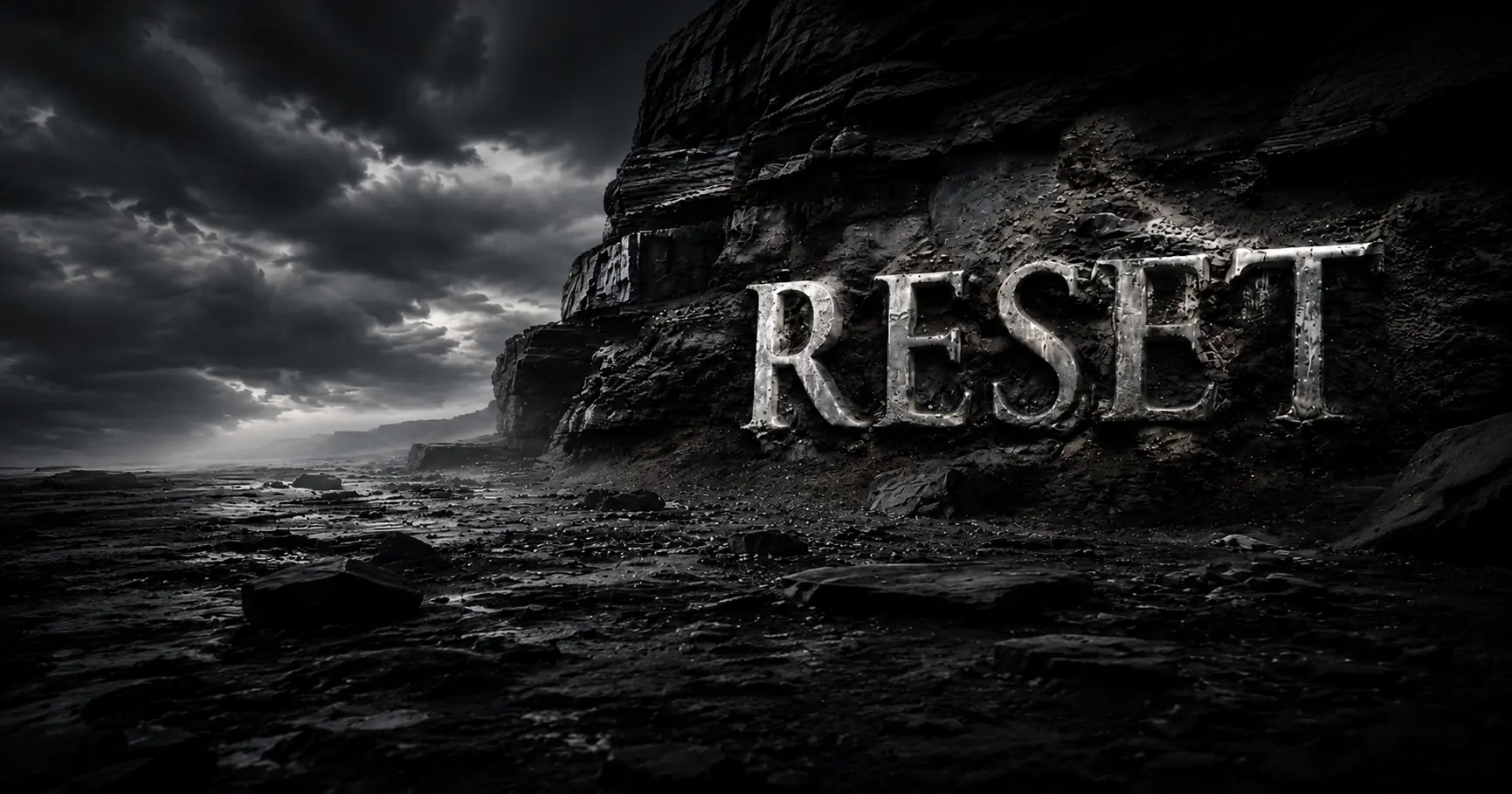 The word RESET carved into a monumental rock cliff beneath a storm-filled sky.
