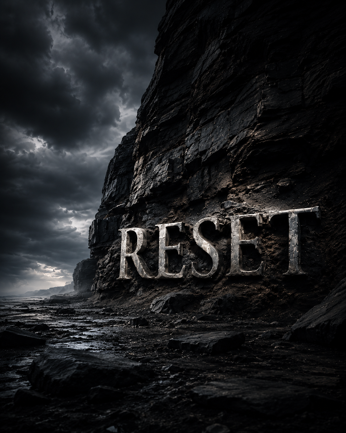 The word RESET carved into a rock cliff beneath a storm-filled sky, vertical crop