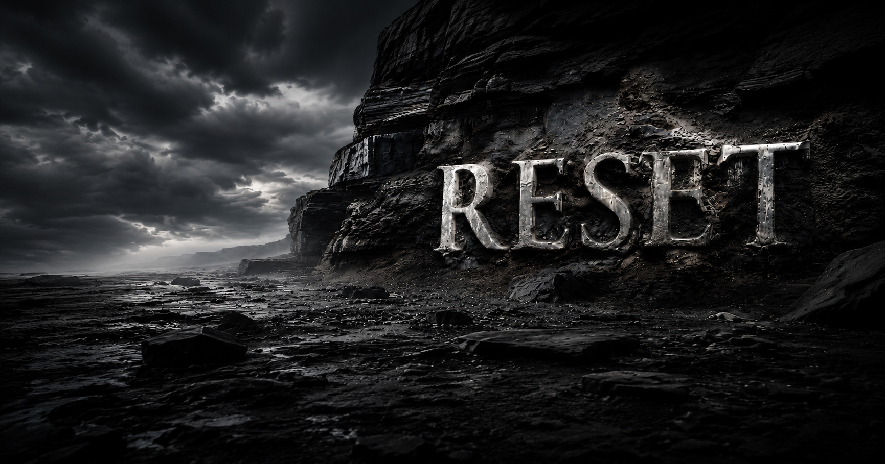 The word RESET carved into a monumental rock cliff beneath a storm-filled sky